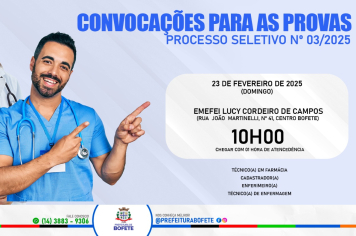 CONVOCAÇÃO PARA AS PROVAS DO PROCESSO SELETIVO Nº 03/2025
