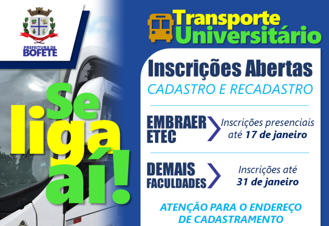 AVISO IMPORTANTE! Estão abertas as inscrições para o cadastro e recadastro para o transporte de estudantes universitários